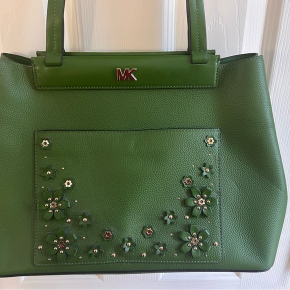 Michael Kors Handbags - EUC - Michael Kors Olive Green Tote with Floral Accents
